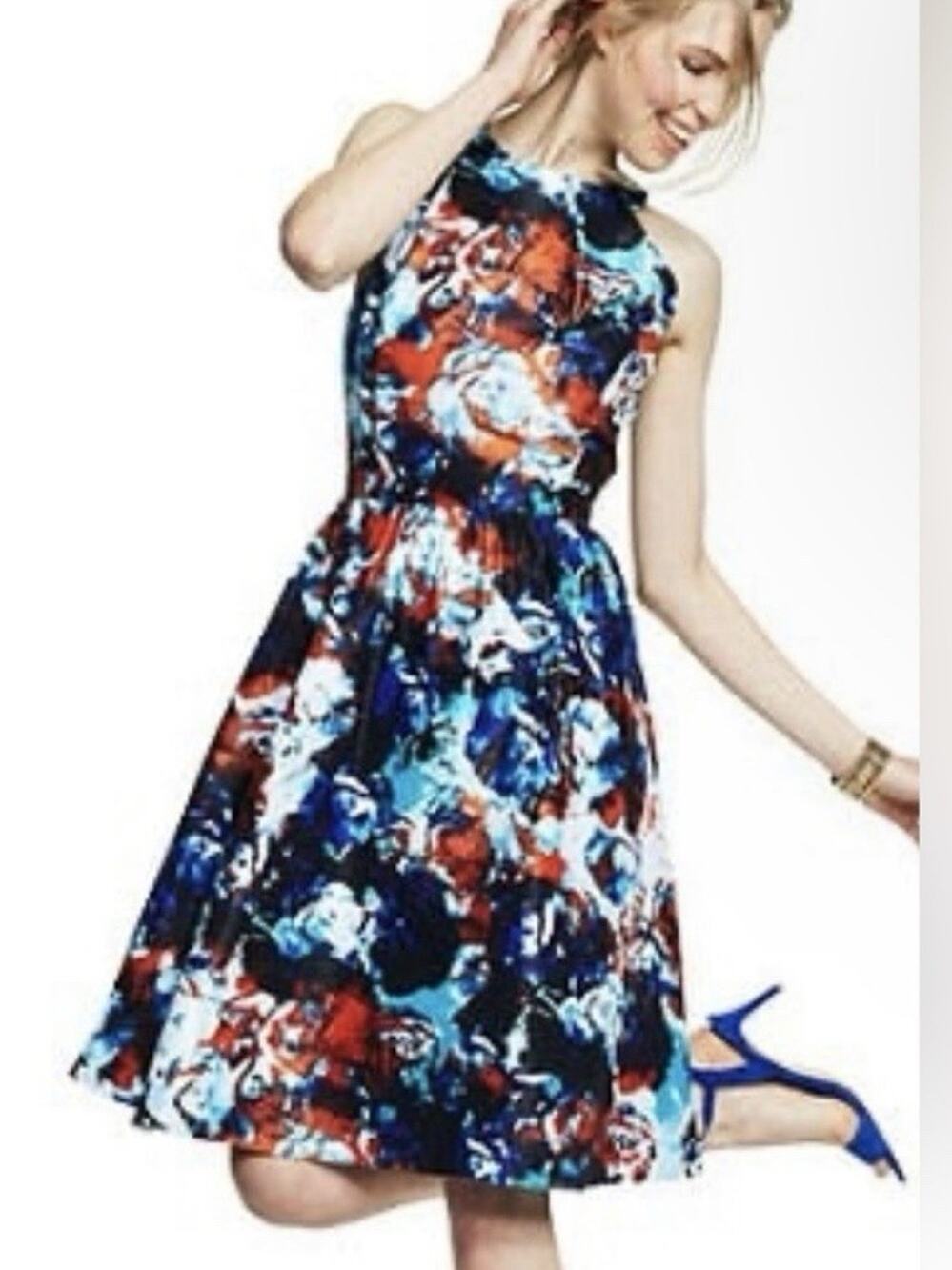 Nine West Abstract Print Fit Flare Midi Dress 12 Halter Sleeveless Wedding Guest